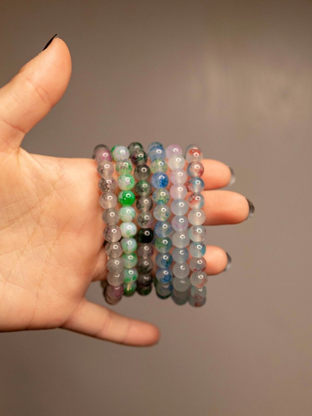 Set of 6 Crystal Stone Stretch Bracelets - Blue Green Purple Red